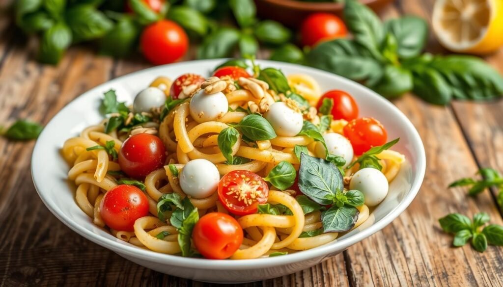 Eine Schüssel Nudelsalat mit Kirschtomaten, Mozzarellakugeln, frischen Basilikumblättern und Pinienkernen steht auf einem Holztisch. Ein Hauch Pesto im Gericht verstärkt seinen Geschmack. Eine Zitronenscheibe und mehr Basilikum im Hintergrund sorgen für einen frischen Look.