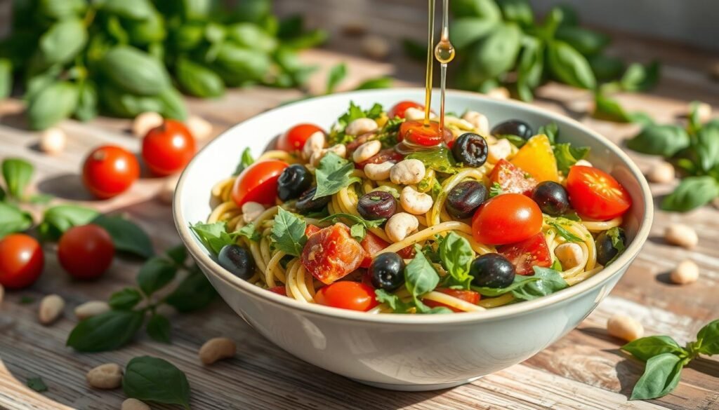 Eine Schüssel Pesto-Nudeln, garniert mit Kirschtomaten, Oliven, Pinienkernen und frischem Grün. Olivenöl wird über das Gericht geträufelt. Basilikumblätter und Zutaten sind auf der Holzoberfläche rund um diesen köstlichen Nudelsalat verstreut.