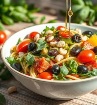 Eine Schüssel Pesto-Nudeln, garniert mit Kirschtomaten, Oliven, Pinienkernen und frischem Grün. Olivenöl wird über das Gericht geträufelt. Basilikumblätter und Zutaten sind auf der Holzoberfläche rund um diesen köstlichen Nudelsalat verstreut.