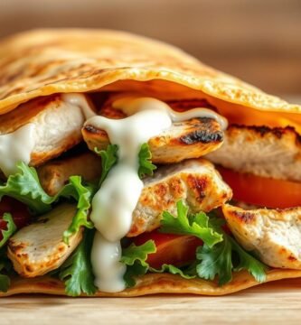 Eine Nahaufnahme eines Wraps gefüllt mit gegrillten Hühnchenstücken, frischem grünem Salat, Tomatenscheiben und beträufelt mit weißer Soße, alles umhüllt von einem goldbraunen Fladenbrot – ein automatisch gespeicherter Entwurf kulinarischer Perfektion.