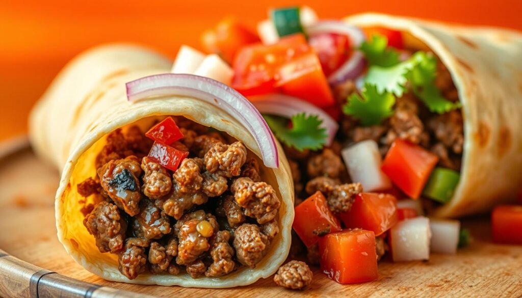 Zwei Burritos liegen auf einem Holzteller, gefüllt mit gewürztem Hackfleisch, Tomatenwürfeln, Zwiebeln, Koriander und Gurken. Ein Burrito ist leicht geöffnet, wodurch die bunten Zutaten automatisch vor einem orangefarbenen Hintergrund zur Geltung kommen.