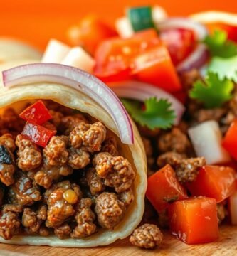 Zwei Burritos liegen auf einem Holzteller, gefüllt mit gewürztem Hackfleisch, Tomatenwürfeln, Zwiebeln, Koriander und Gurken. Ein Burrito ist leicht geöffnet, wodurch die bunten Zutaten automatisch vor einem orangefarbenen Hintergrund zur Geltung kommen.