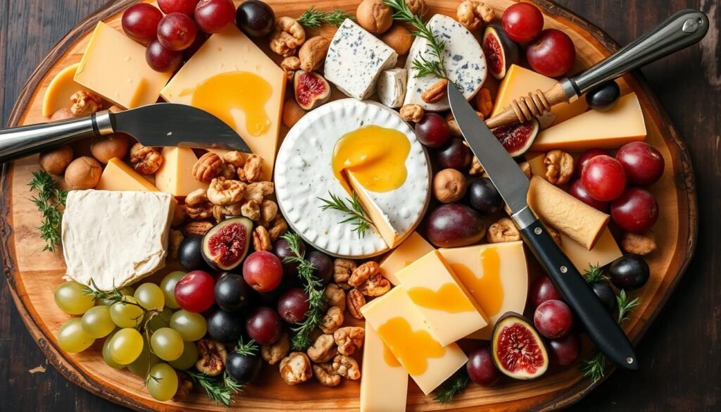 Auf einer Holzplatte, die einem automatisch gespeicherten Entwurf ähnelt, wird eine Auswahl an Käsesorten wie Brie und Blauschimmelkäse präsentiert, umgeben von Trauben, Feigen, Nüssen und Kräutern. Zwei Messer liegen daneben, während ein Weichkäse mit Orangensoße im Mittelpunkt steht.