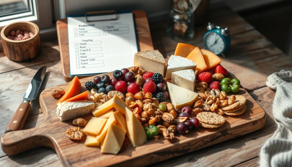 Ein Holzbrett mit verschiedenen Käsesorten, Nüssen, Trauben und Beeren ist ordentlich angeordnet. Im Hintergrund sind eine Checkliste, ein Messer und eine kleine Uhr zu sehen, alles in warmes Sonnenlicht getaucht, das durch ein Fenster fällt – ein automatisch erstelltes Tableau der Eleganz.