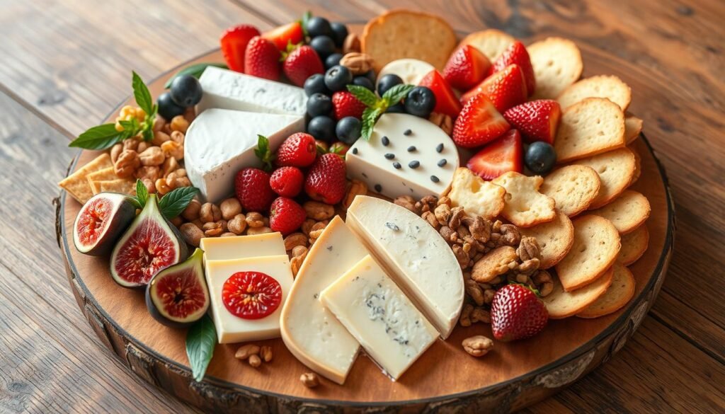 Auf einem runden Holzbrett werden verschiedene Käsesorten und Beilagen elegant präsentiert. Weichkäsestücke und Blauschimmelkäse werden nahtlos von Erdbeeren, Feigen, Blaubeeren, Walnüssen, Baguettescheiben und Basilikumblättern als Garnitur umgeben – fast wie ein automatisch gespeicherter Entwurf im kulinarischen Design.
