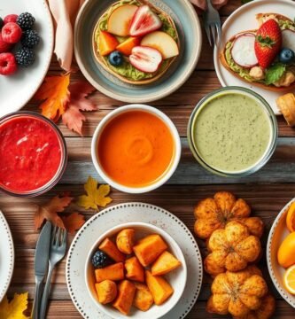 Ein lebendiger und festlicher Tisch für leckeres Frühstück mit Pfannkuchen, verschiedenen Früchten wie Orangen und Kakis, bunten Suppen und Saucen. Umgeben von Herbstblättern bietet diese Auswahl garnierter Teller köstliche Frühstücksideen, um jeden Morgen zu genießen.