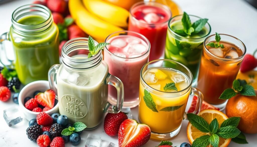 Eine farbenfrohe Präsentation von sechs Fruchtsmoothies in Gläsern, umgeben von frischen Früchten, präsentiert leckere Frühstücksideen für Ihren Morgen. Die Smoothies in leuchtenden Grün-, Rosa- und Orangetönen sind mit Minze garniert. Früchte wie Erdbeeren, Bananen und Orangen sind neben erfrischenden Eiswürfeln zu sehen.