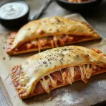 Calzone – gefüllte Pizzatasche mit Käse, Salami und HähnchenHähnchenschinken