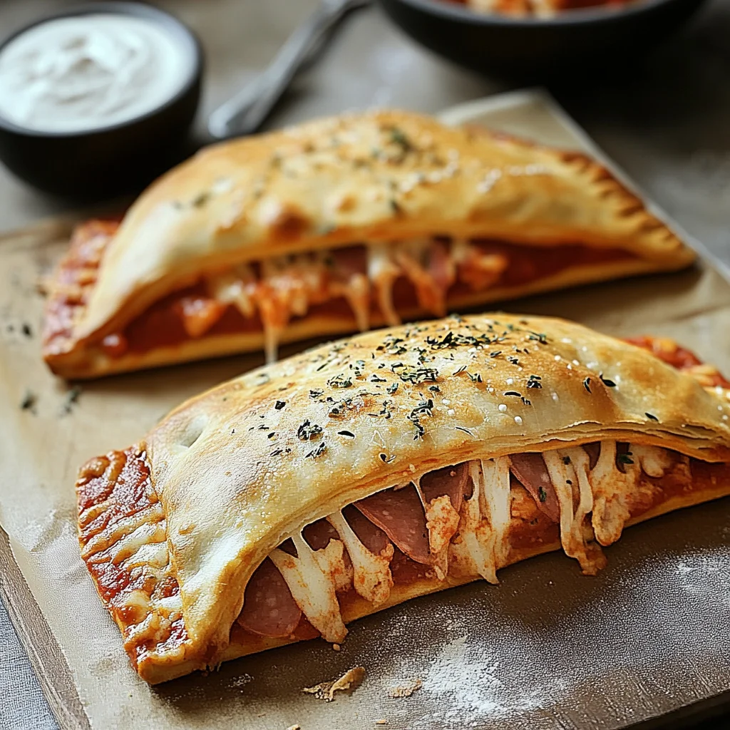Calzone – gefüllte Pizzatasche mit Käse, Salami und HähnchenHähnchenschinken