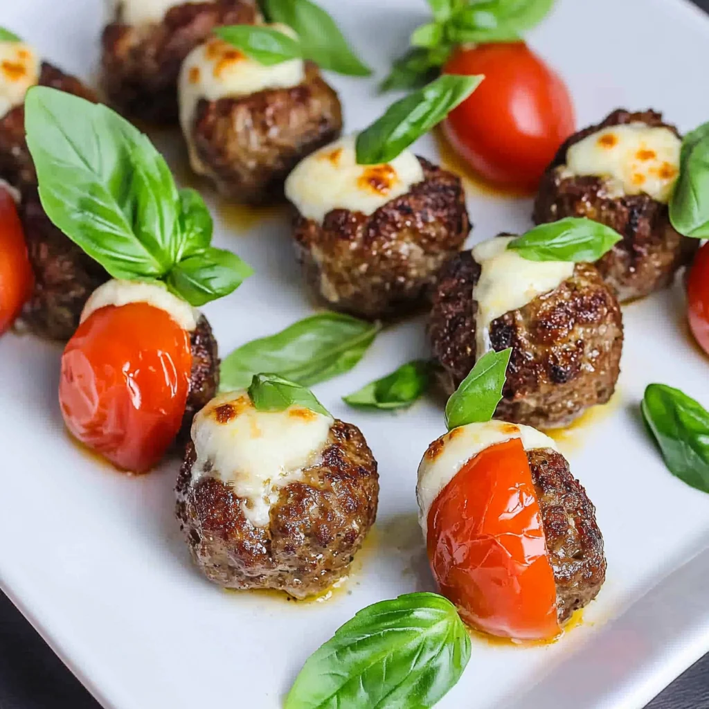 Hackbällchen Caprese - Spieße mit Mozzarella & Tomate