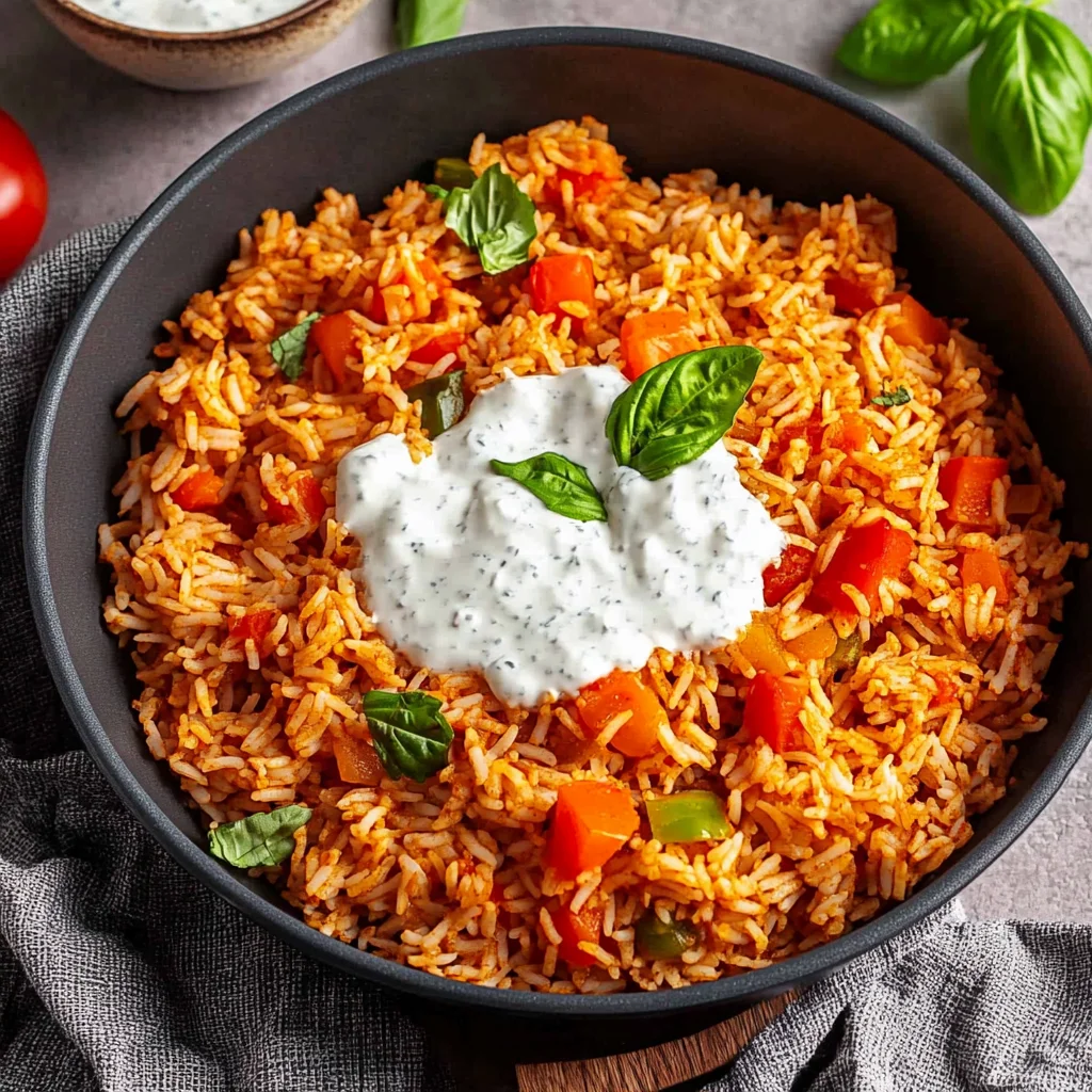 Paprika-Reis-Pfanne mit Joghurtsoße - schnell & vegetarisch