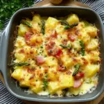 Spargelauflauf mit Kartoffeln und Hähnchen schinken