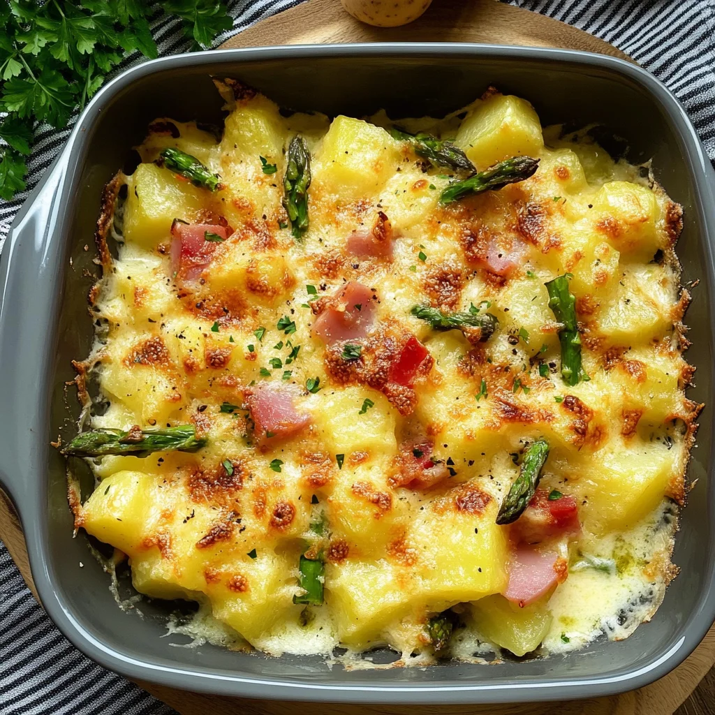Spargelauflauf mit Kartoffeln und Hähnchen schinken