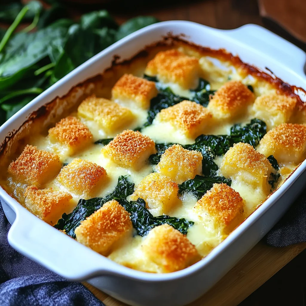 Fischstäbchen-Auflauf mit Kartoffeln und Spinat